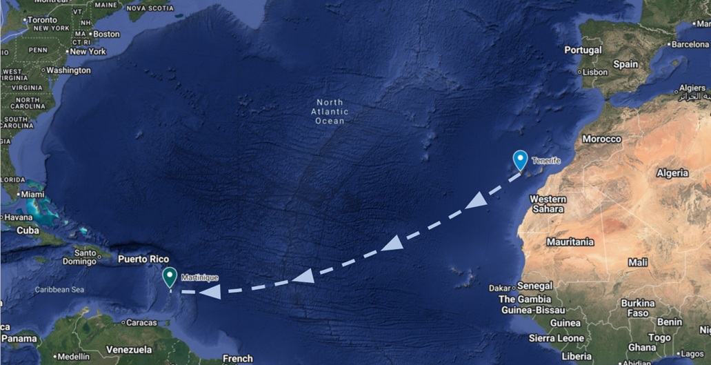 Map showing the Atlantic route from Tenerife to Martinique