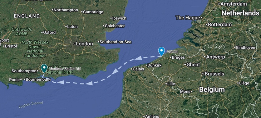 Map showing the training row from Oostende, Belgium to Fareham, UK