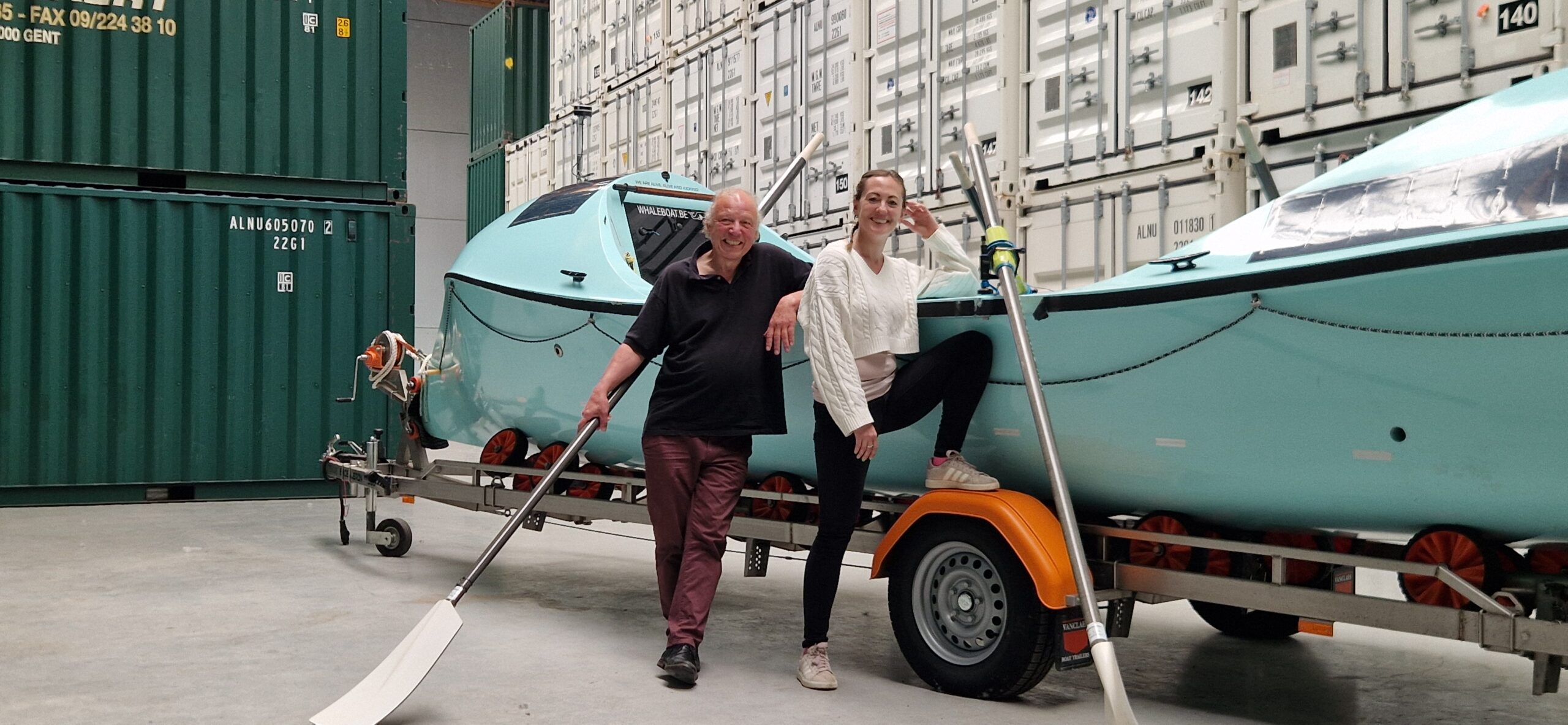 Kim and Lieven with Brothership, their ocean rowing boat